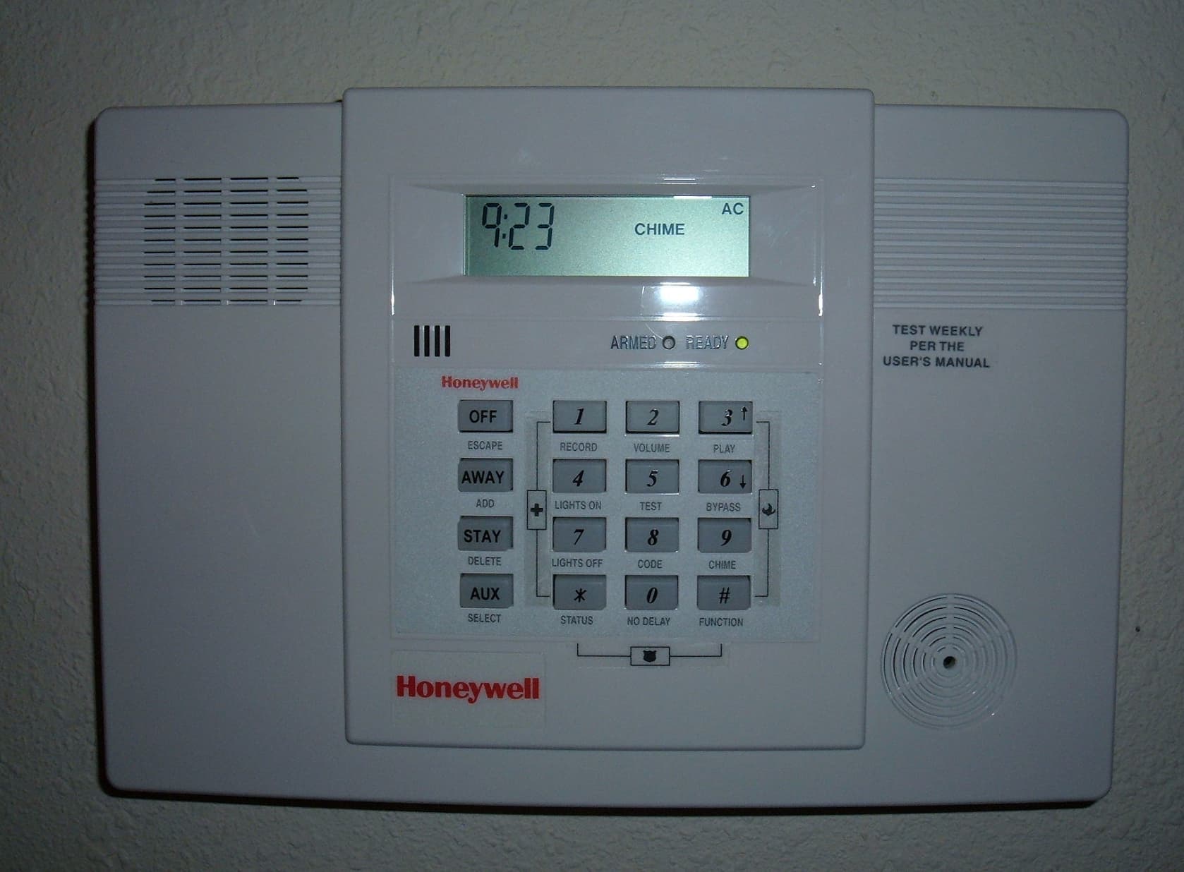 security alarm system - Honeywell Off Escape Chime Ac Armed O Ready O 2 31 Record Volume Play Away Add Lights On Test Bypass Stay Delete Lights Off Code Chime Aux Select Status No Delay Function Honeywell Test Weekly Per The User'S Manual